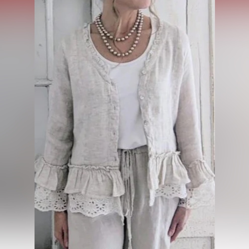 ISO Paper Lace vintage linen ruffle jacket/cardigan